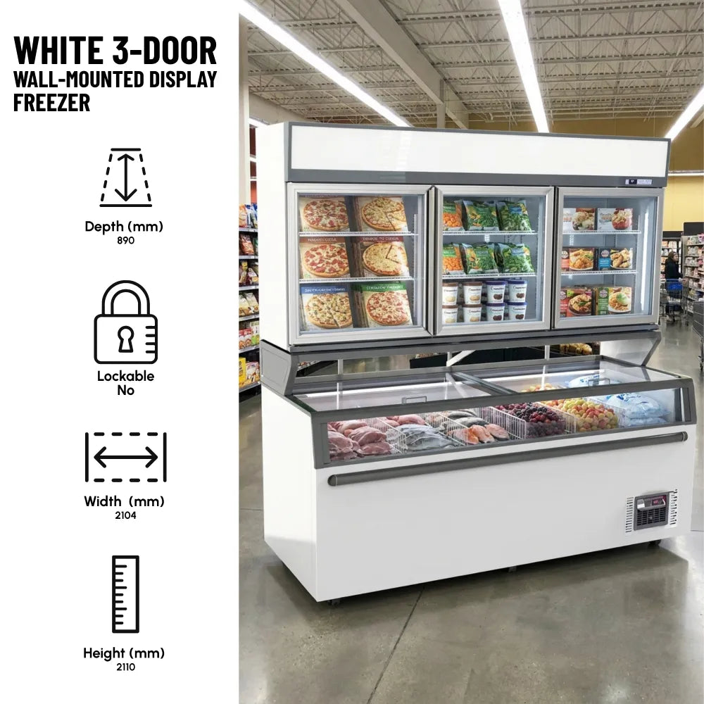 White 3-Door Wall-Mounted Display Freezer