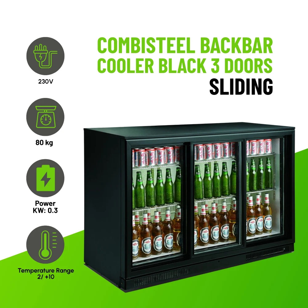 Black 3 Sliding Door Back Bar Cooler 298L