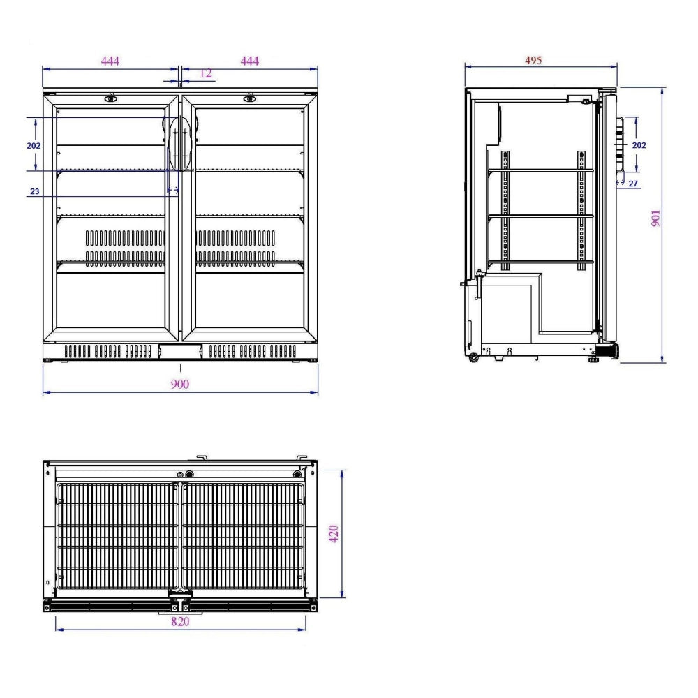 Black 2 Hinged Door Back Bar Cooler 208L