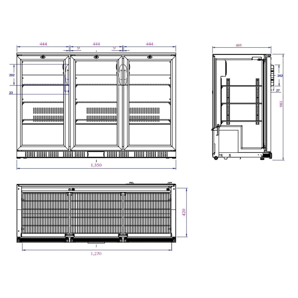 Black 3 Hinged Door Back Bar Cooler 330L