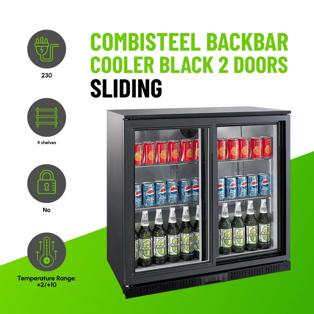 Black 2 Sliding Door Back Bar Cooler 208L