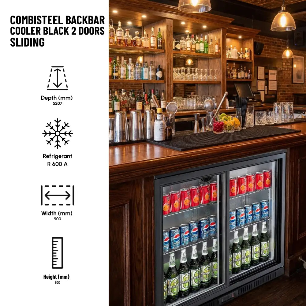 Black 2 Sliding Door Back Bar Cooler 208L