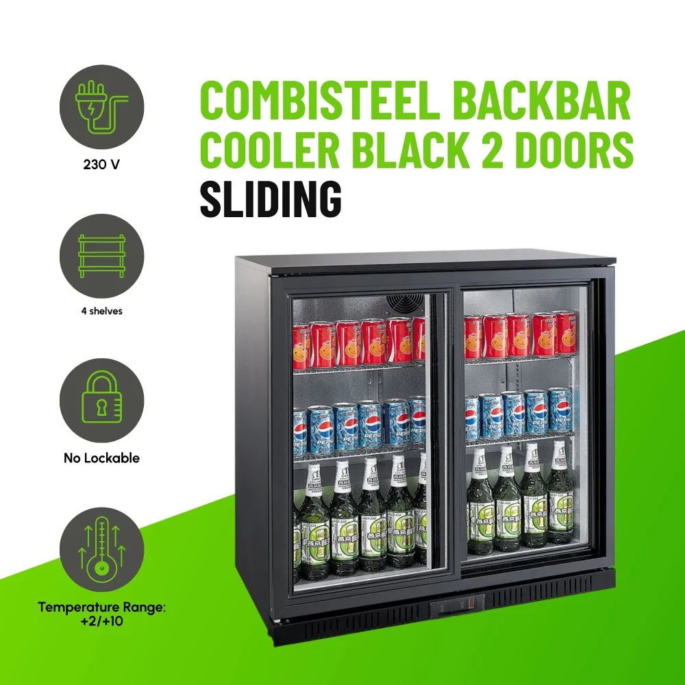 Black 2 Sliding Door Back Bar Cooler 208L