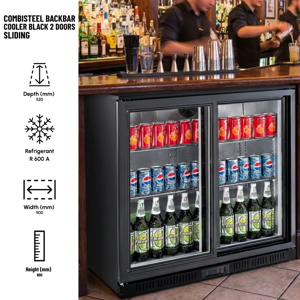 Black 2 Sliding Door Back Bar Cooler 208L
