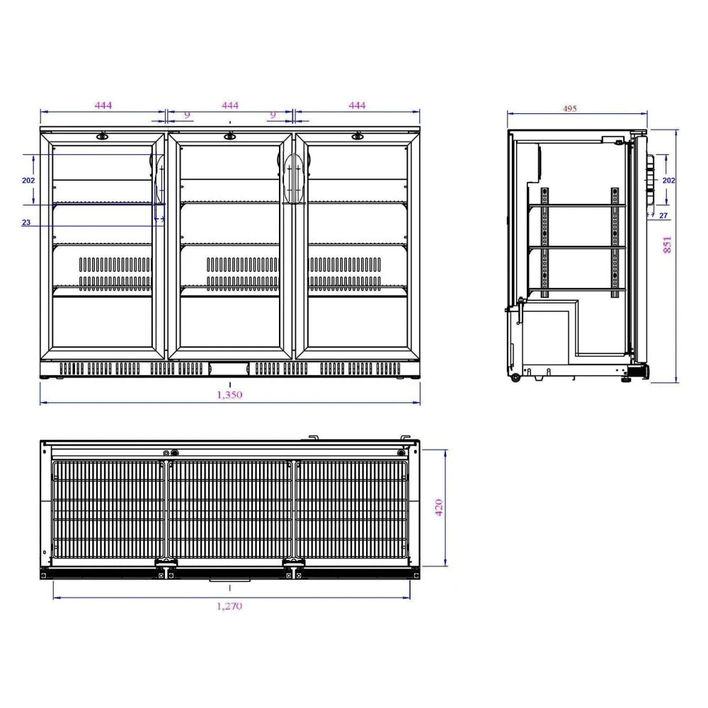 Black 3 Door Back Bar Cooler 1350mm Wide