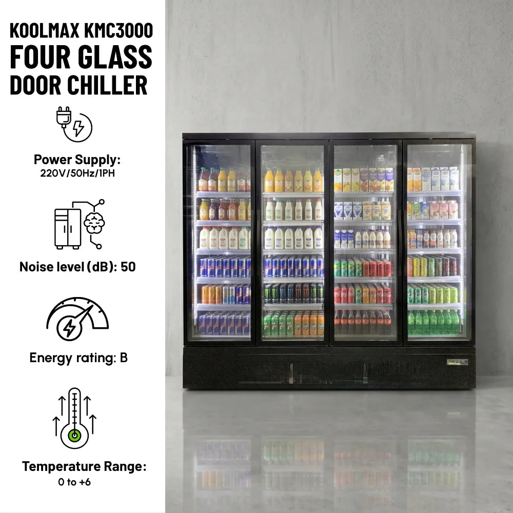 Koolmax KMC3000G Black 4 Glass Door Upright Chiller